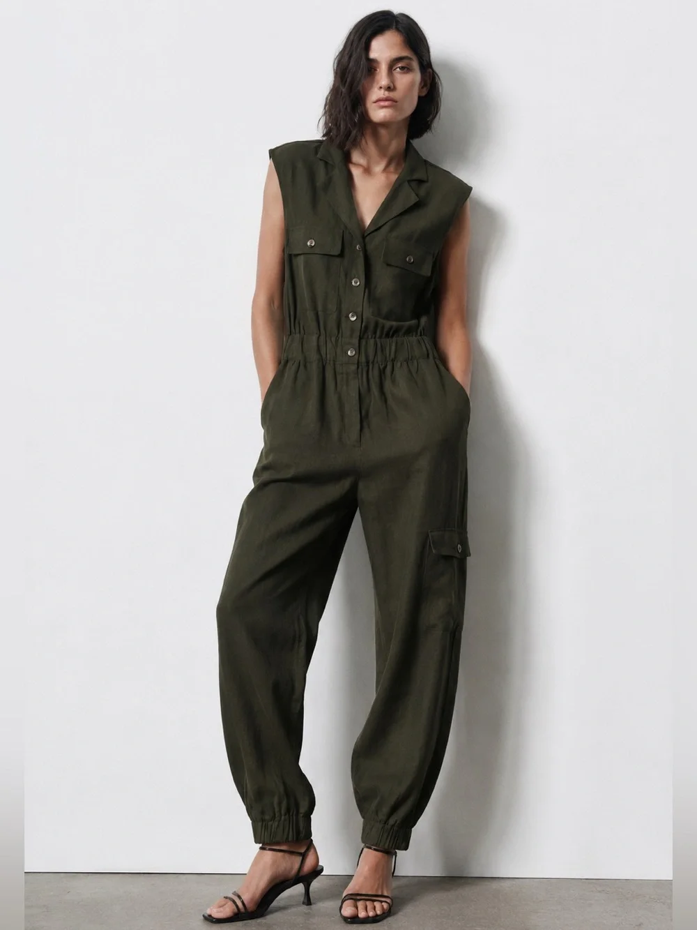 NWT Zara  dark khaki green linen blend utility jogger jumpsuit M